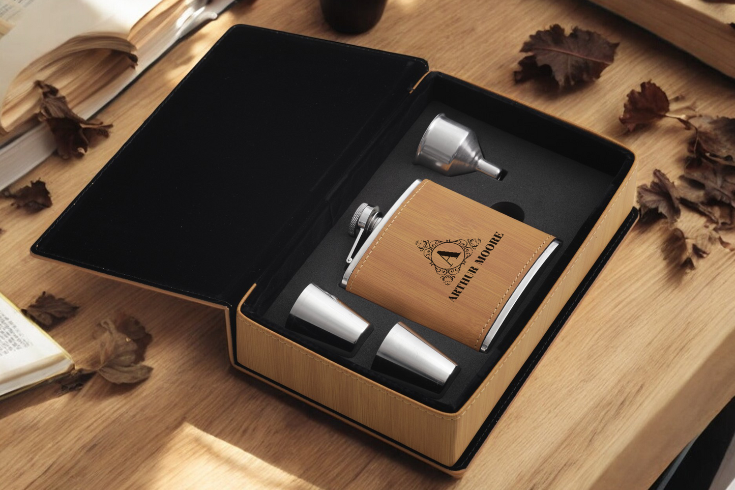 Leather Flask Gift Set