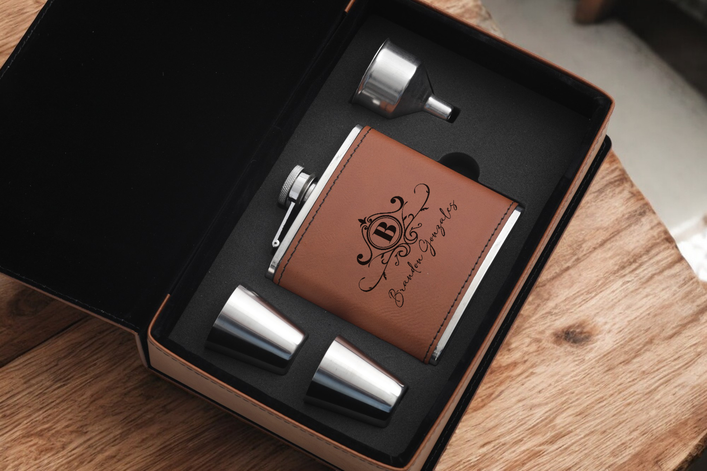 Leather Flask Gift Set