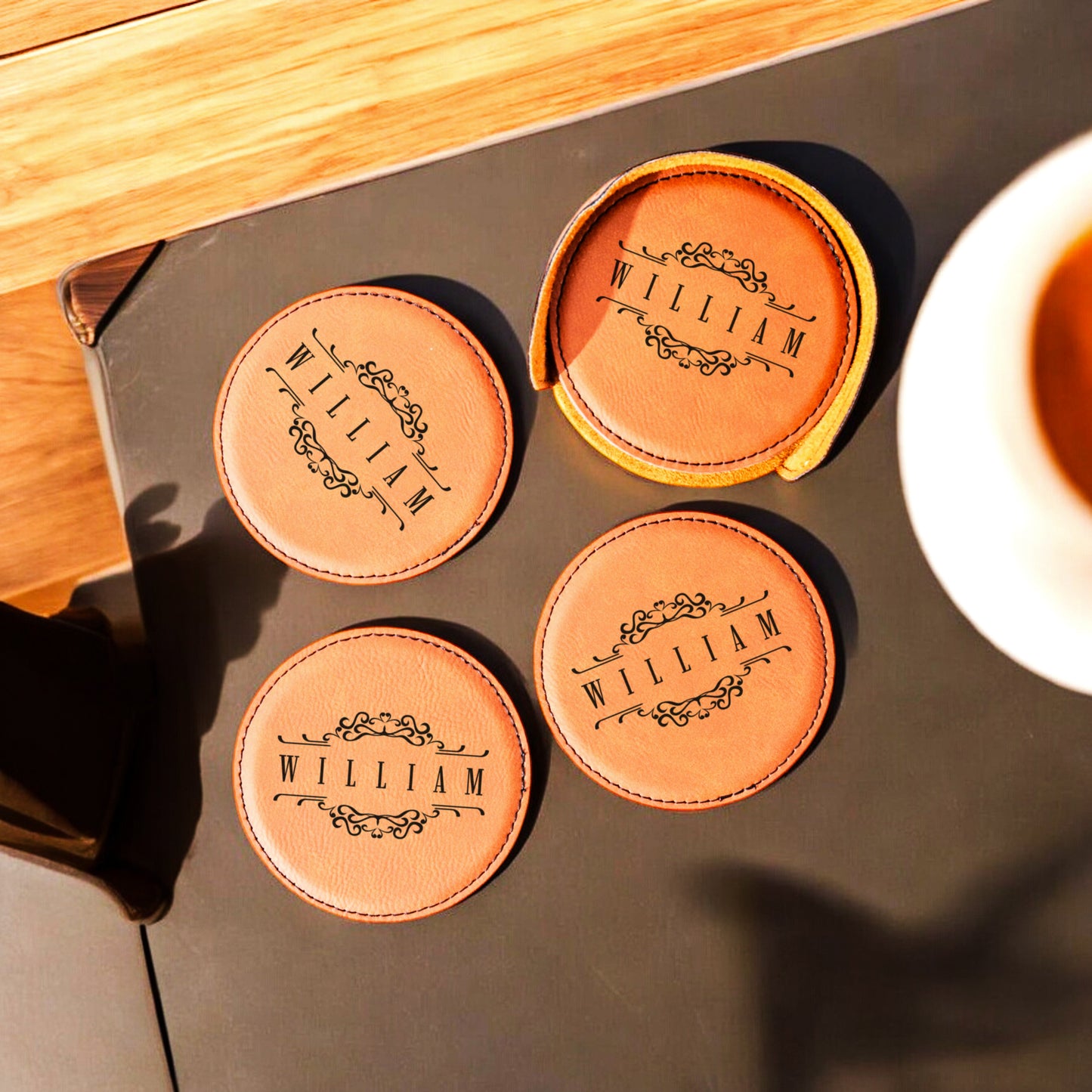 Leather Round Coaster Set